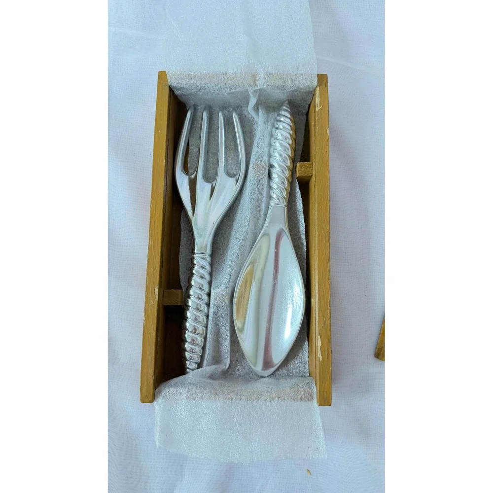Vintage Silver Tone Salad Server Set Hand Painted Sunflower Wooden Box India